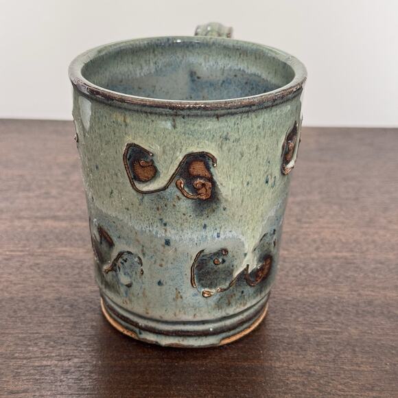 Studio Art Pottery Mug Green Brown Raised Abstract Swirl Striped Handle Signed - Picture 3 of 14